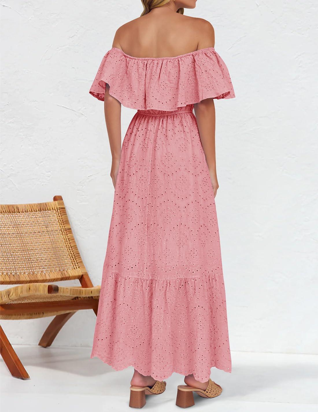 imageZESICA Womens 2026 Summer Off Shoulder Ruffle Midi Dress Short Sleeve High Waist Hollow Out Embroidery Party DressesLight Pink