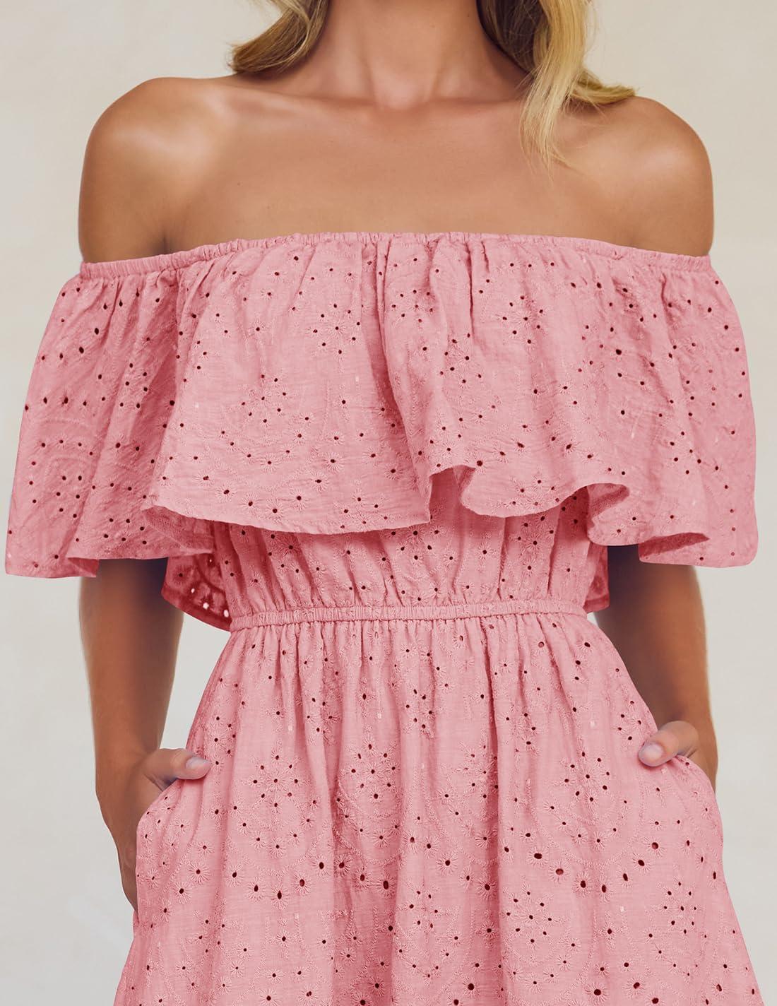 imageZESICA Womens 2026 Summer Off Shoulder Ruffle Midi Dress Short Sleeve High Waist Hollow Out Embroidery Party DressesLight Pink