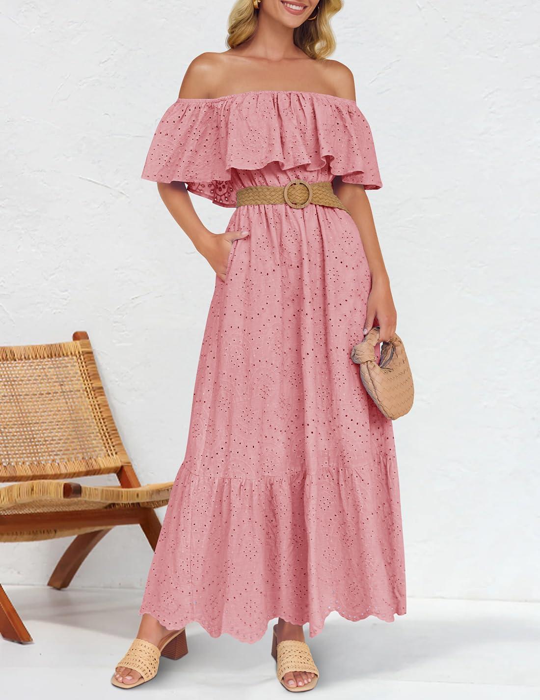imageZESICA Womens 2026 Summer Off Shoulder Ruffle Midi Dress Short Sleeve High Waist Hollow Out Embroidery Party DressesLight Pink