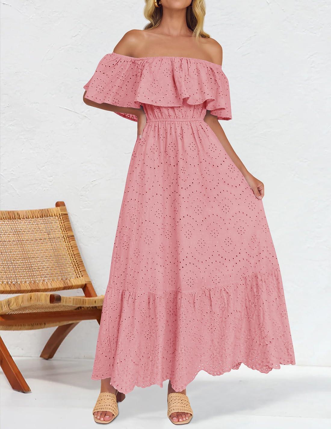imageZESICA Womens 2026 Summer Off Shoulder Ruffle Midi Dress Short Sleeve High Waist Hollow Out Embroidery Party DressesLight Pink