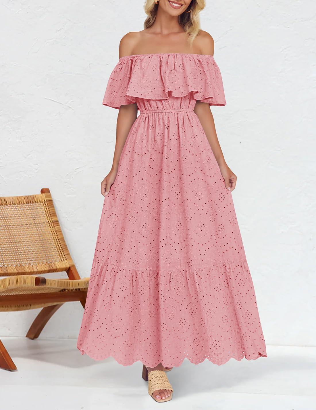 imageZESICA Womens 2026 Summer Off Shoulder Ruffle Midi Dress Short Sleeve High Waist Hollow Out Embroidery Party DressesLight Pink