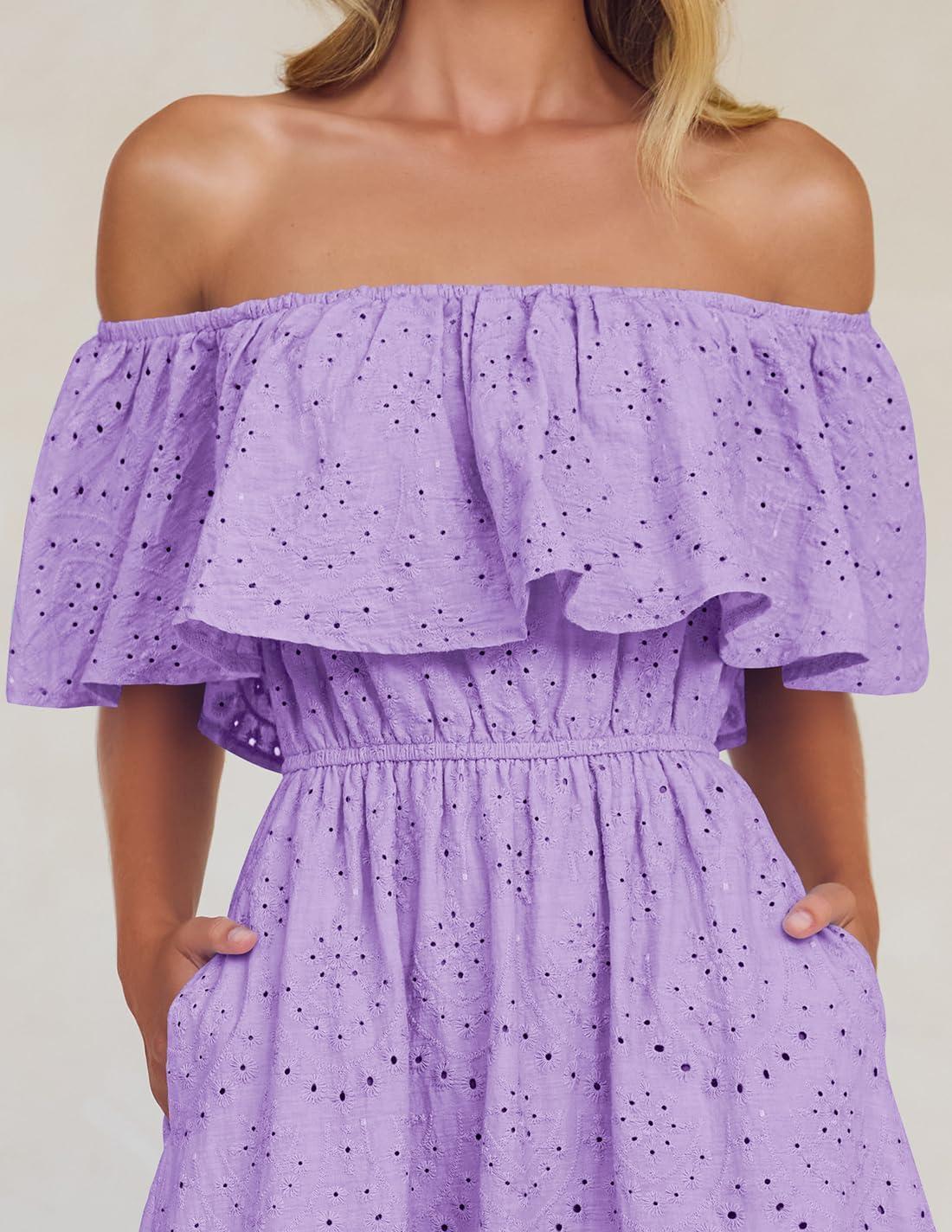 imageZESICA Womens 2026 Summer Off Shoulder Ruffle Midi Dress Short Sleeve High Waist Hollow Out Embroidery Party DressesLight Purple