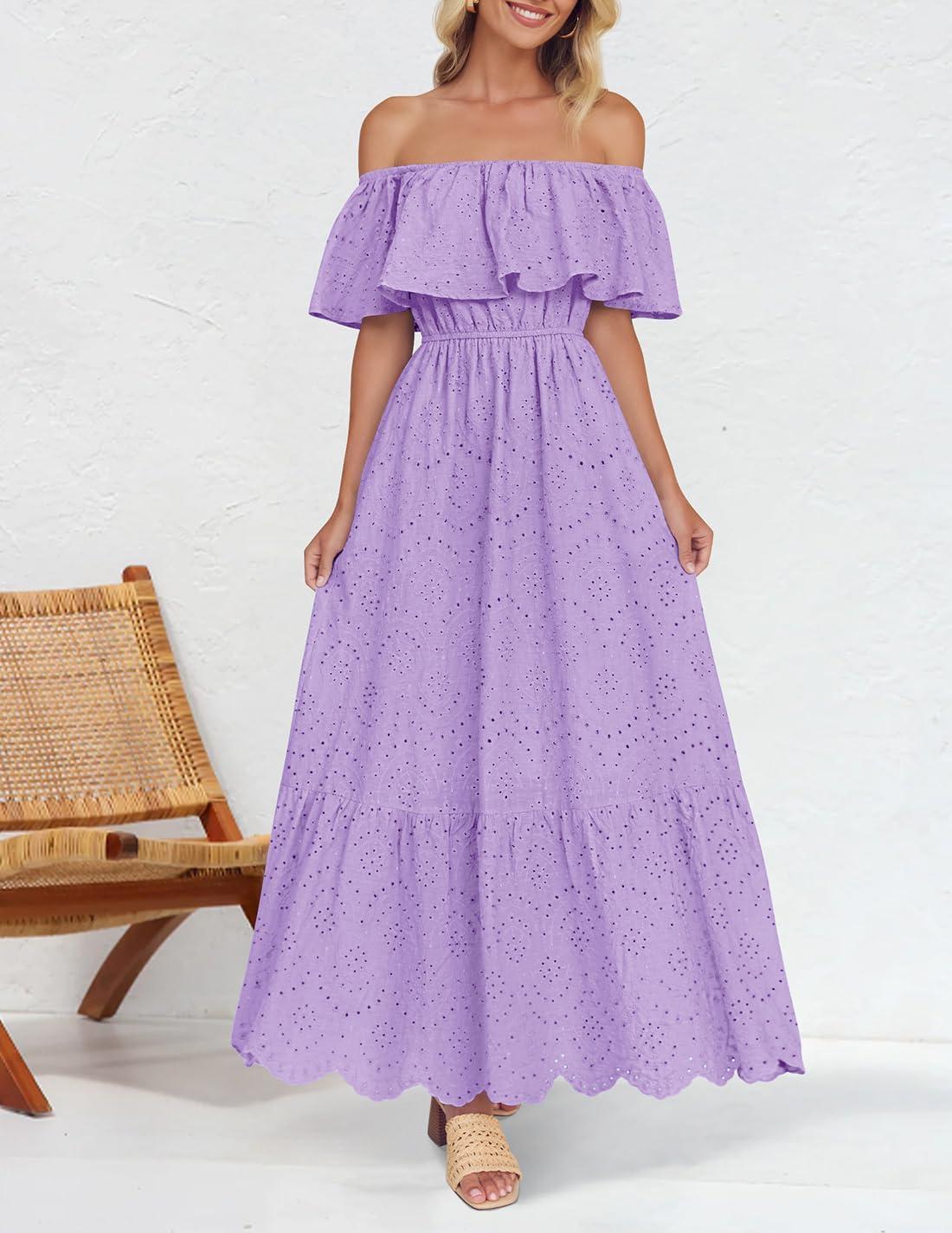 imageZESICA Womens 2026 Summer Off Shoulder Ruffle Midi Dress Short Sleeve High Waist Hollow Out Embroidery Party DressesLight Purple