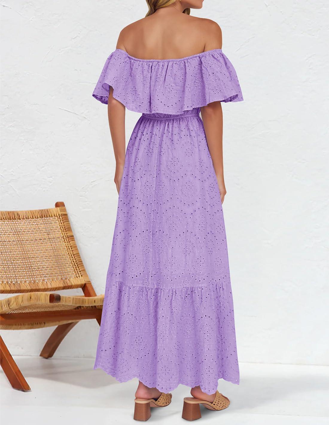 imageZESICA Womens 2026 Summer Off Shoulder Ruffle Midi Dress Short Sleeve High Waist Hollow Out Embroidery Party DressesLight Purple