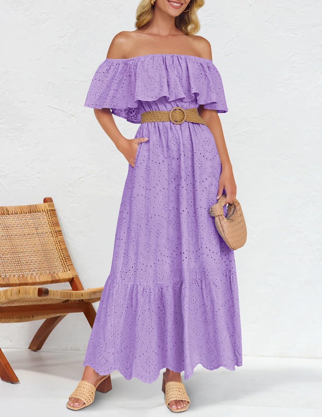imageZESICA Womens 2026 Summer Off Shoulder Ruffle Midi Dress Short Sleeve High Waist Hollow Out Embroidery Party DressesLight Purple