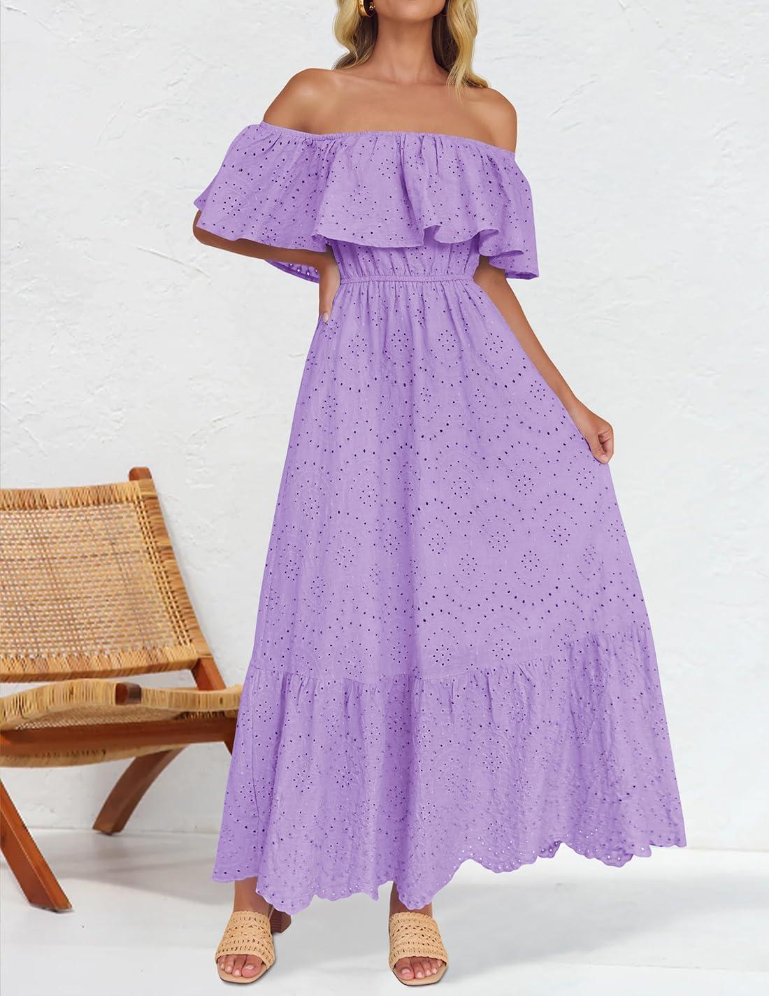 imageZESICA Womens 2026 Summer Off Shoulder Ruffle Midi Dress Short Sleeve High Waist Hollow Out Embroidery Party DressesLight Purple