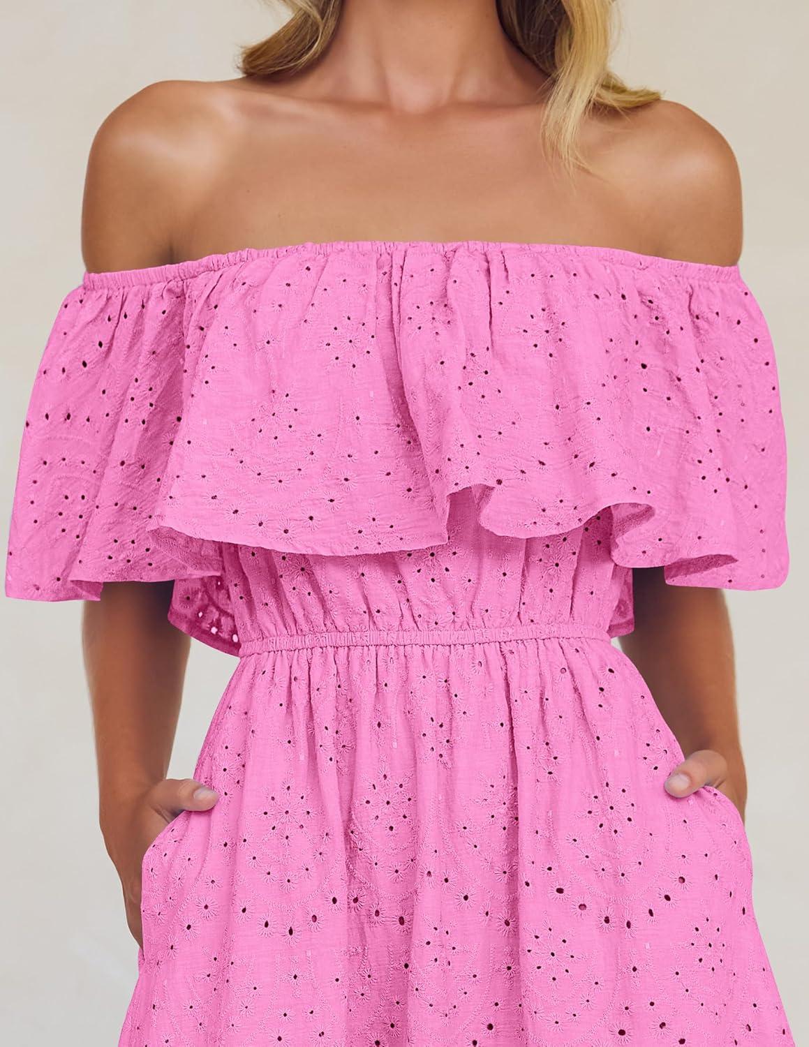 imageZESICA Womens 2026 Summer Off Shoulder Ruffle Midi Dress Short Sleeve High Waist Hollow Out Embroidery Party DressesPink