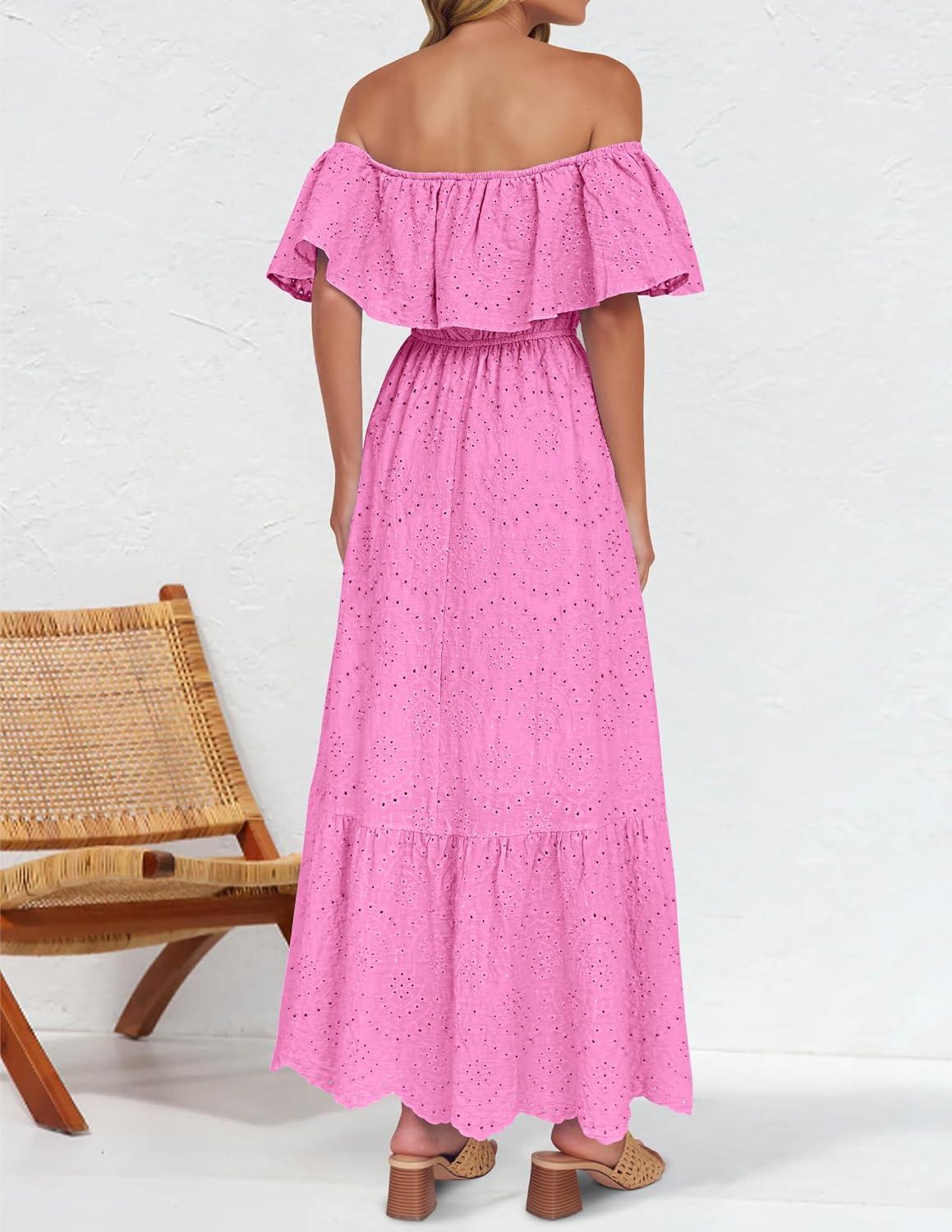 imageZESICA Womens 2026 Summer Off Shoulder Ruffle Midi Dress Short Sleeve High Waist Hollow Out Embroidery Party DressesPink
