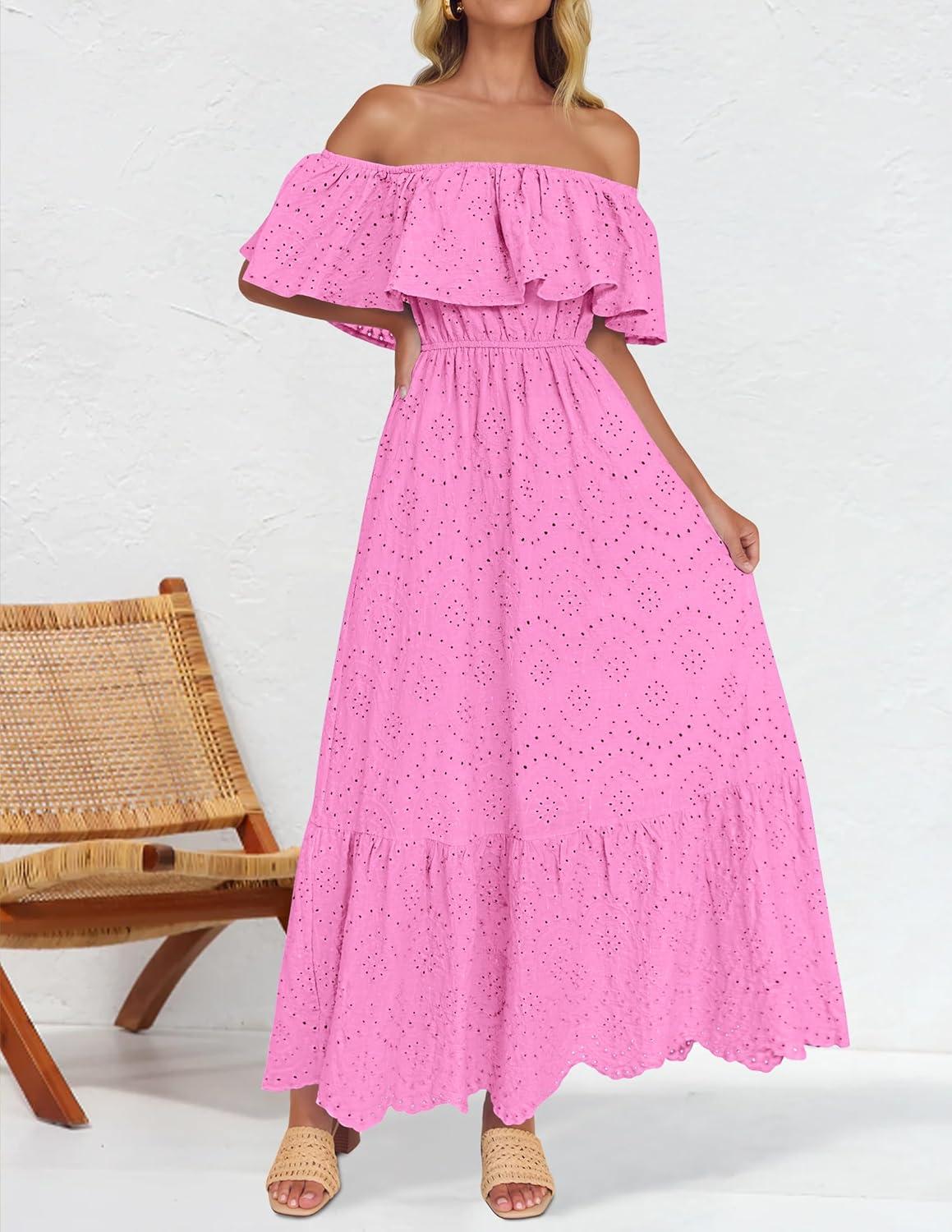 imageZESICA Womens 2026 Summer Off Shoulder Ruffle Midi Dress Short Sleeve High Waist Hollow Out Embroidery Party DressesPink