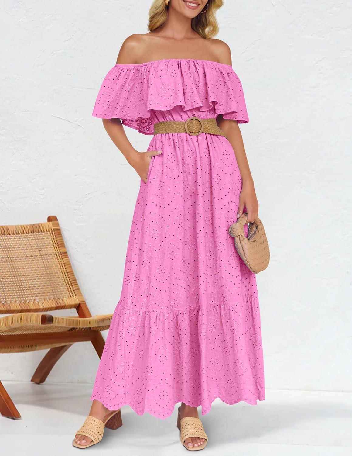 imageZESICA Womens 2026 Summer Off Shoulder Ruffle Midi Dress Short Sleeve High Waist Hollow Out Embroidery Party DressesPink
