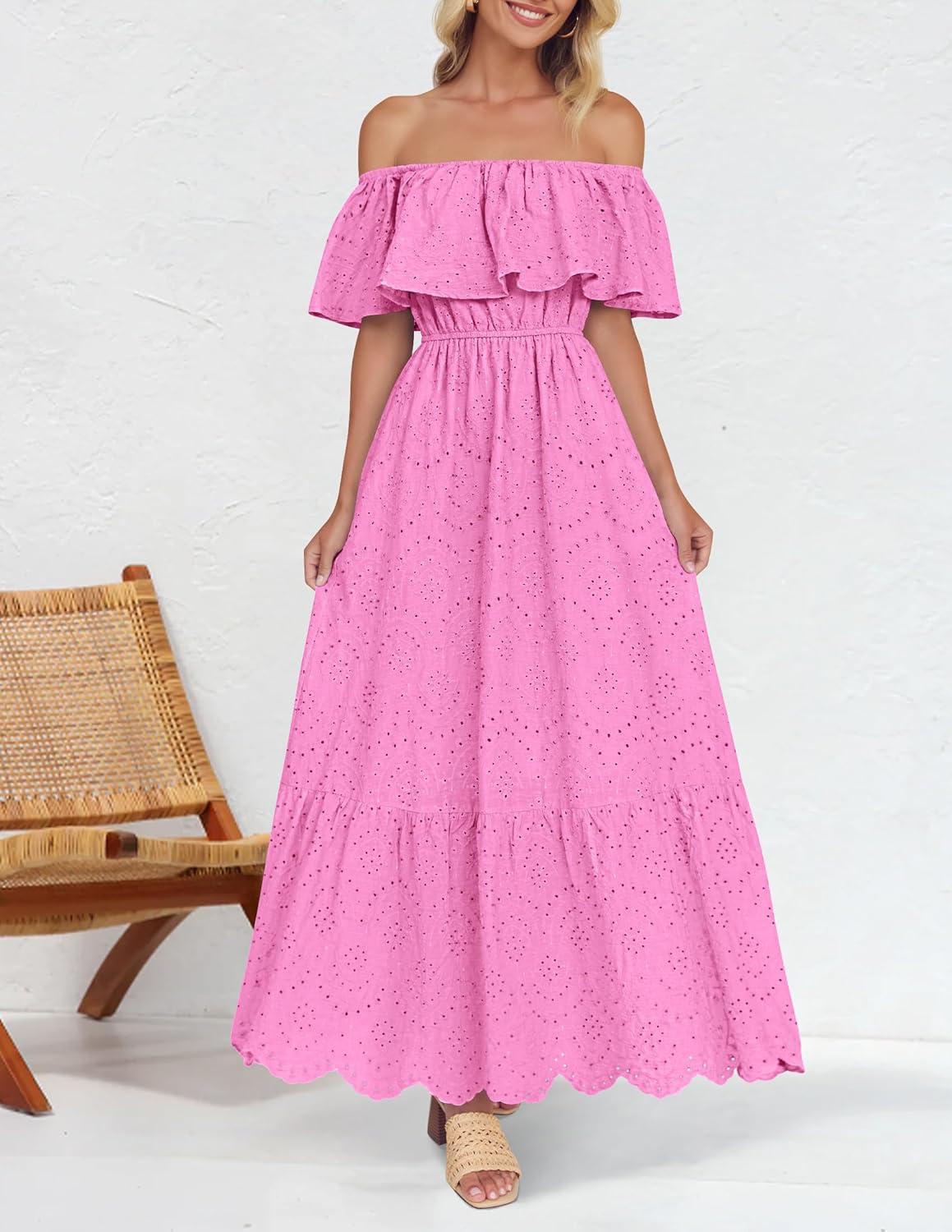 imageZESICA Womens 2026 Summer Off Shoulder Ruffle Midi Dress Short Sleeve High Waist Hollow Out Embroidery Party DressesPink