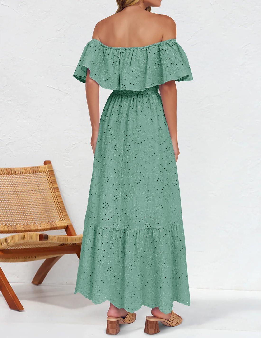imageZESICA Womens 2026 Summer Off Shoulder Ruffle Midi Dress Short Sleeve High Waist Hollow Out Embroidery Party DressesSage