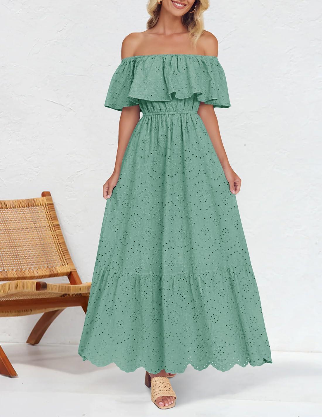 imageZESICA Womens 2026 Summer Off Shoulder Ruffle Midi Dress Short Sleeve High Waist Hollow Out Embroidery Party DressesSage
