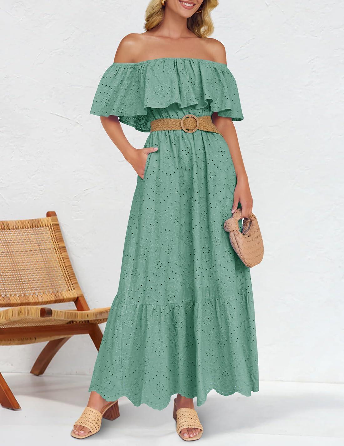 imageZESICA Womens 2026 Summer Off Shoulder Ruffle Midi Dress Short Sleeve High Waist Hollow Out Embroidery Party DressesSage