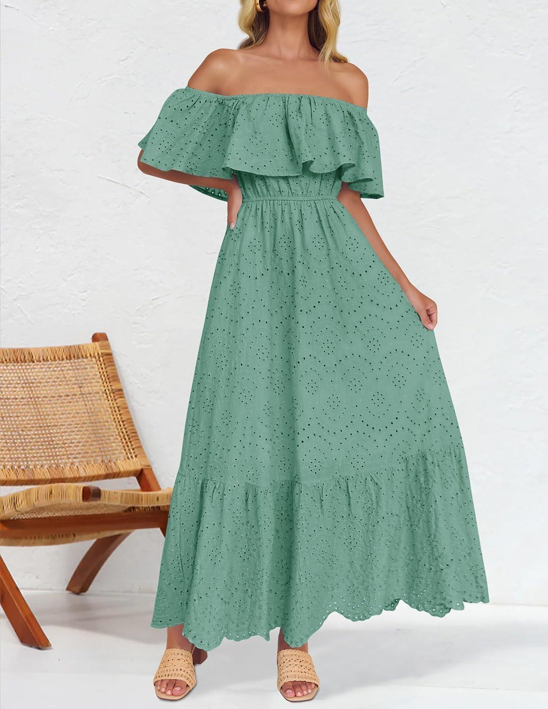 imageZESICA Womens 2026 Summer Off Shoulder Ruffle Midi Dress Short Sleeve High Waist Hollow Out Embroidery Party DressesSage
