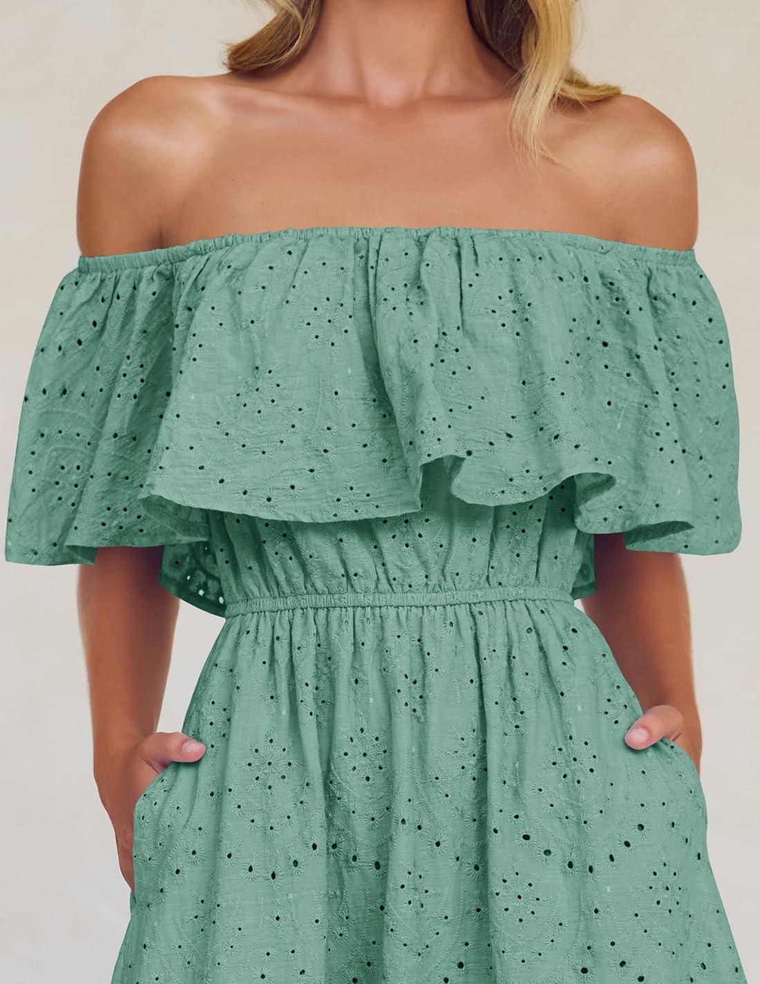 imageZESICA Womens 2026 Summer Off Shoulder Ruffle Midi Dress Short Sleeve High Waist Hollow Out Embroidery Party DressesSage