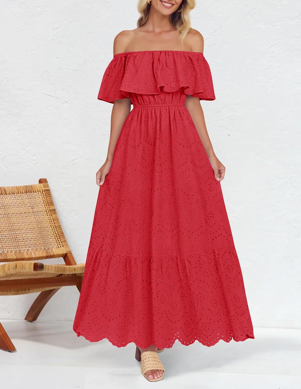 imageZESICA Womens 2026 Summer Off Shoulder Ruffle Midi Dress Short Sleeve High Waist Hollow Out Embroidery Party DressesWatermelon