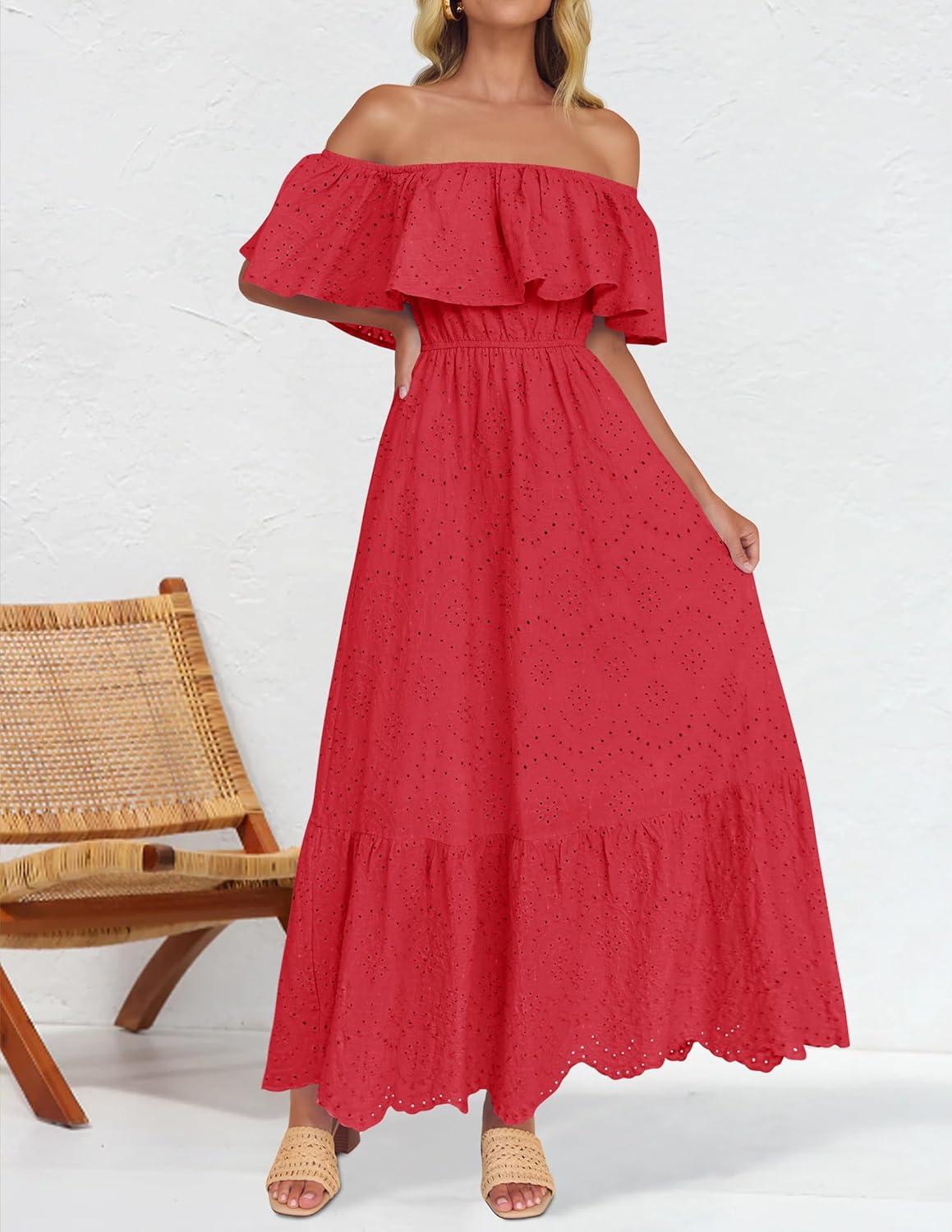 imageZESICA Womens 2026 Summer Off Shoulder Ruffle Midi Dress Short Sleeve High Waist Hollow Out Embroidery Party DressesWatermelon