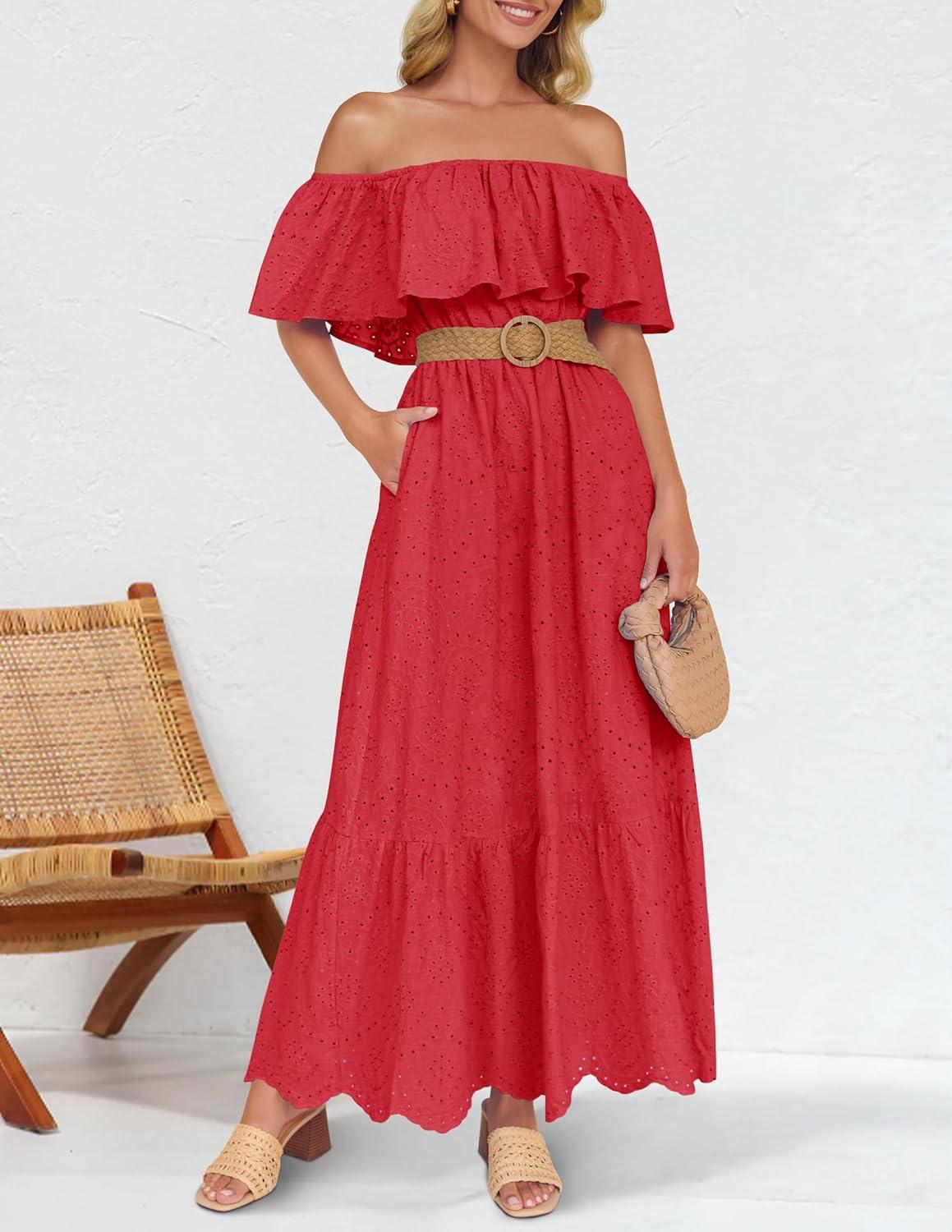 imageZESICA Womens 2026 Summer Off Shoulder Ruffle Midi Dress Short Sleeve High Waist Hollow Out Embroidery Party DressesWatermelon