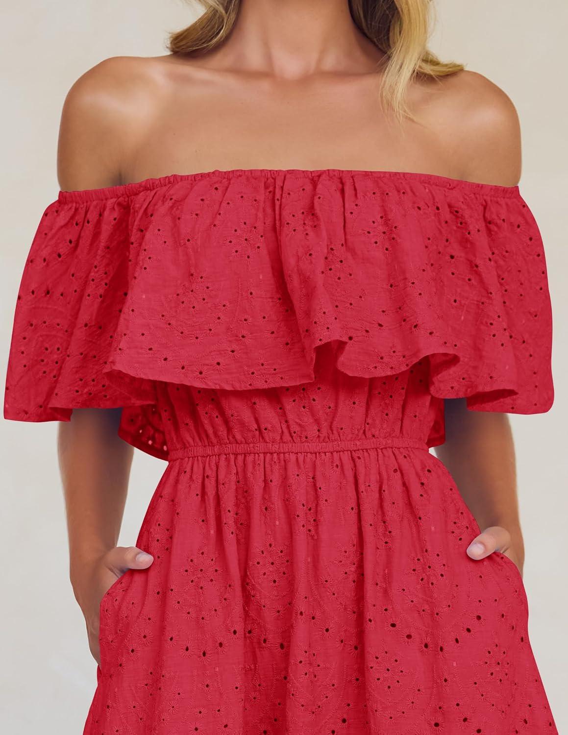 imageZESICA Womens 2026 Summer Off Shoulder Ruffle Midi Dress Short Sleeve High Waist Hollow Out Embroidery Party DressesWatermelon