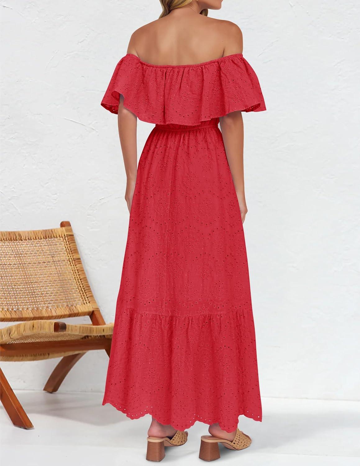imageZESICA Womens 2026 Summer Off Shoulder Ruffle Midi Dress Short Sleeve High Waist Hollow Out Embroidery Party DressesWatermelon