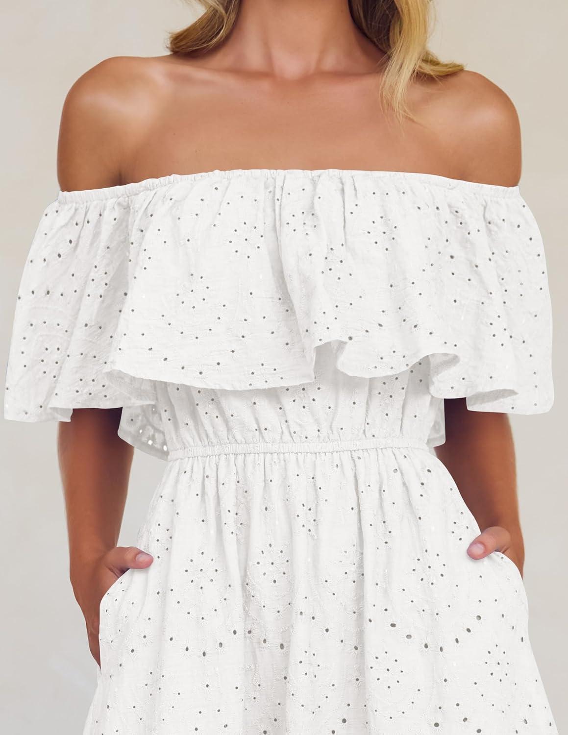 imageZESICA Womens 2026 Summer Off Shoulder Ruffle Midi Dress Short Sleeve High Waist Hollow Out Embroidery Party DressesWhite