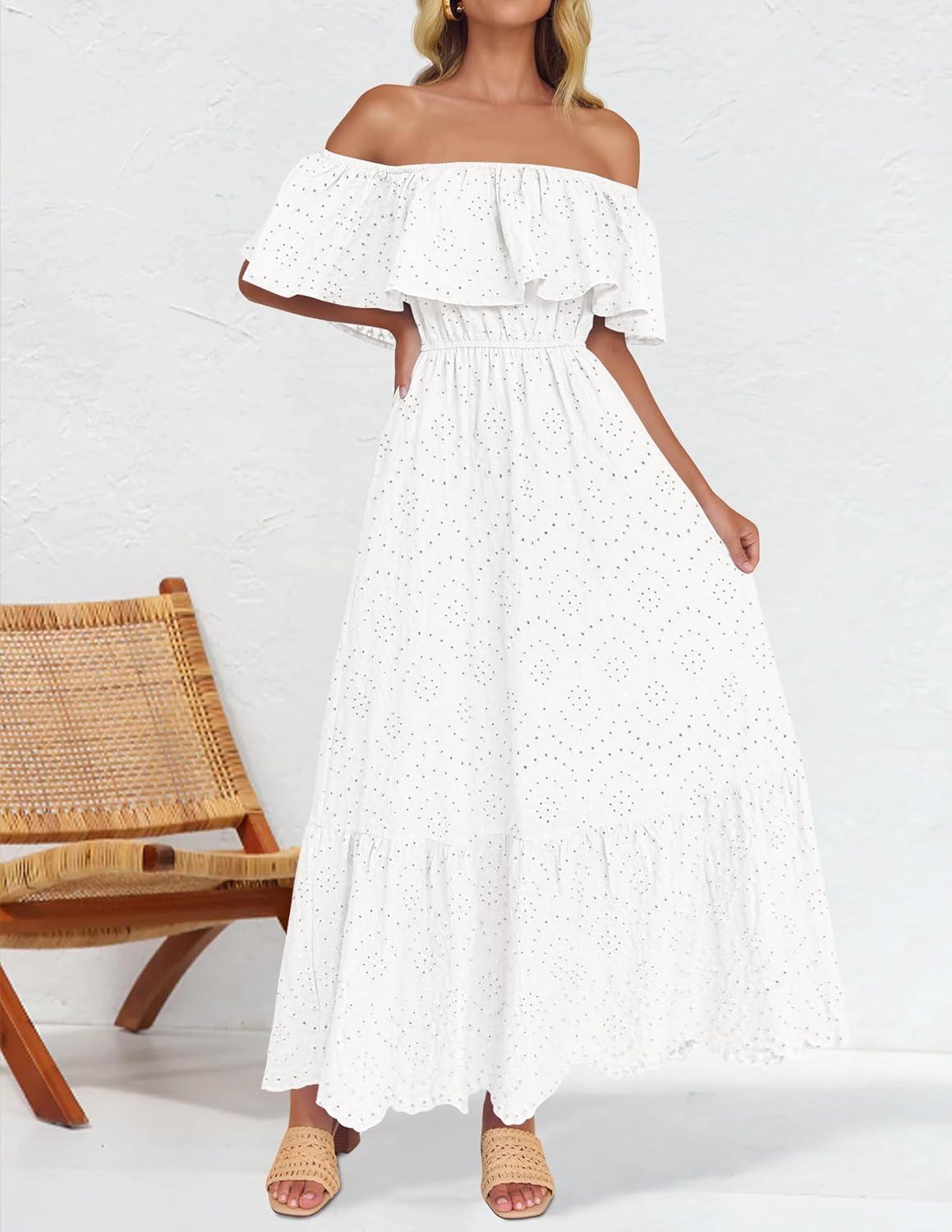 imageZESICA Womens 2026 Summer Off Shoulder Ruffle Midi Dress Short Sleeve High Waist Hollow Out Embroidery Party DressesWhite