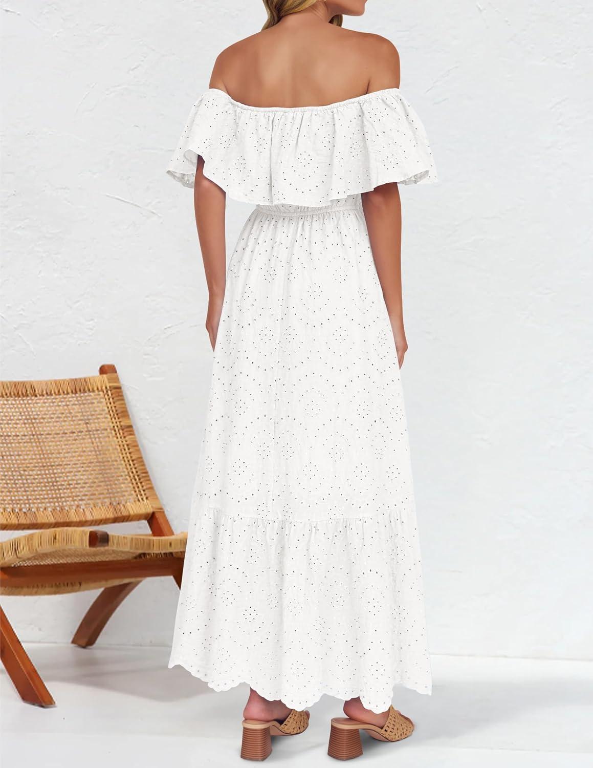 imageZESICA Womens 2026 Summer Off Shoulder Ruffle Midi Dress Short Sleeve High Waist Hollow Out Embroidery Party DressesWhite