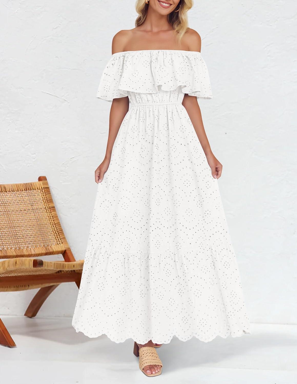 imageZESICA Womens 2026 Summer Off Shoulder Ruffle Midi Dress Short Sleeve High Waist Hollow Out Embroidery Party DressesWhite