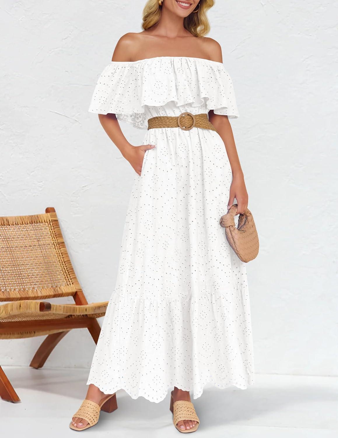 imageZESICA Womens 2026 Summer Off Shoulder Ruffle Midi Dress Short Sleeve High Waist Hollow Out Embroidery Party DressesWhite