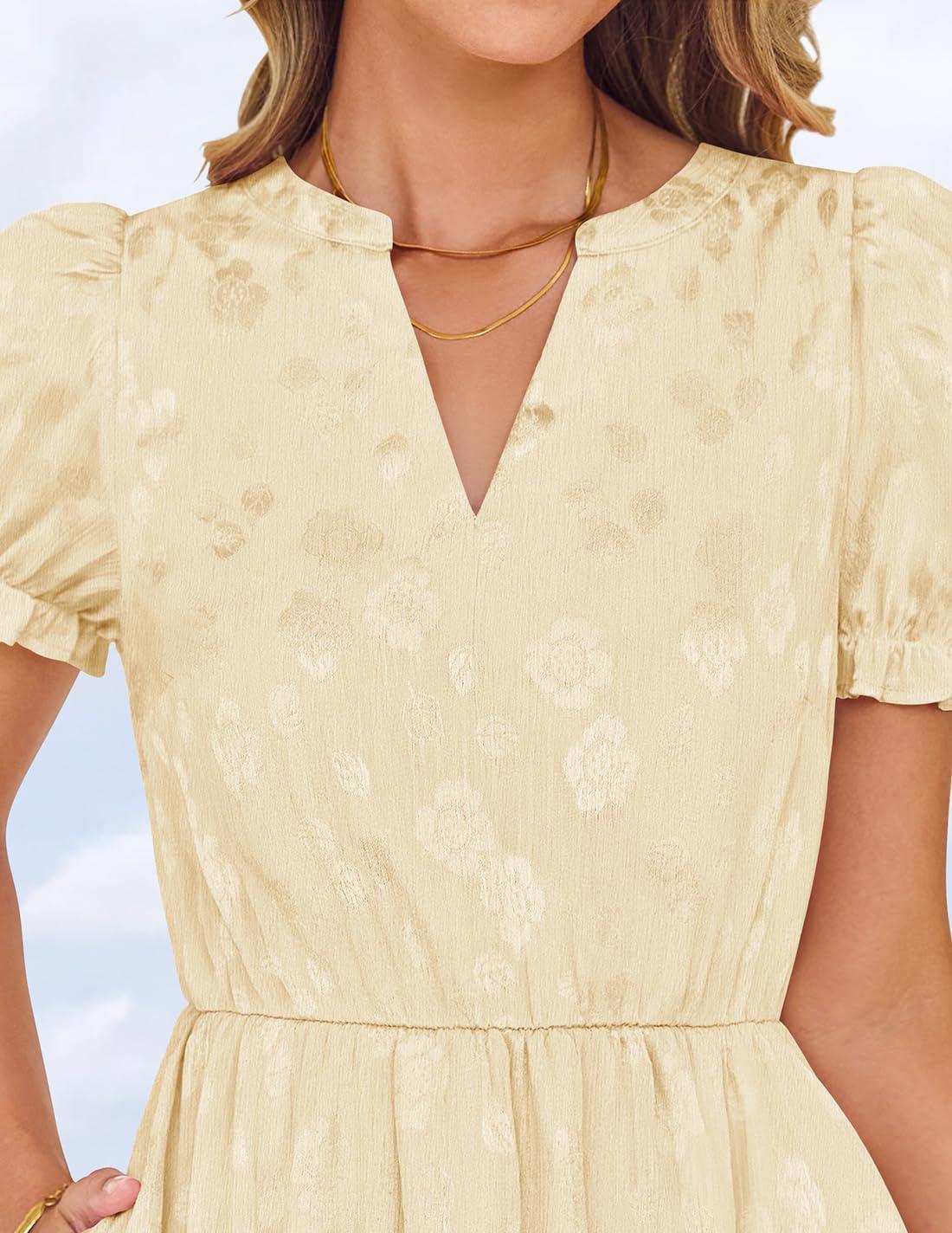 imageZESICA Womens 2026 Summer Puff Short Sleeve Midi Dress Floral V Neck Textured Ruffle Flowy Beach Party DressesApricot