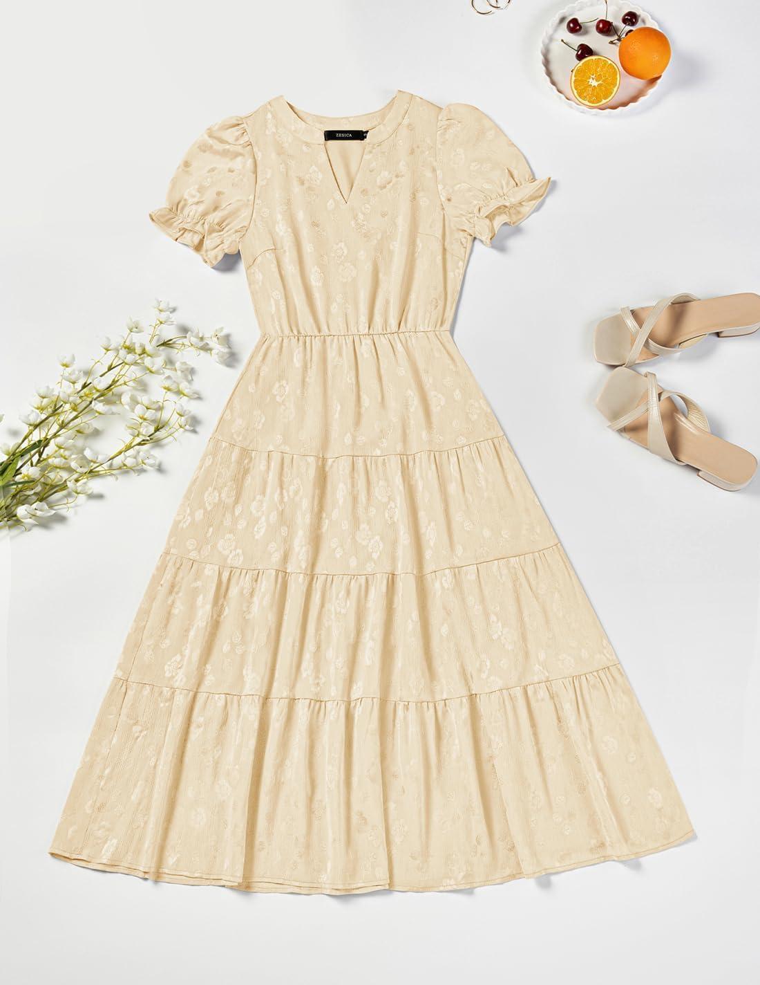 imageZESICA Womens 2026 Summer Puff Short Sleeve Midi Dress Floral V Neck Textured Ruffle Flowy Beach Party DressesApricot