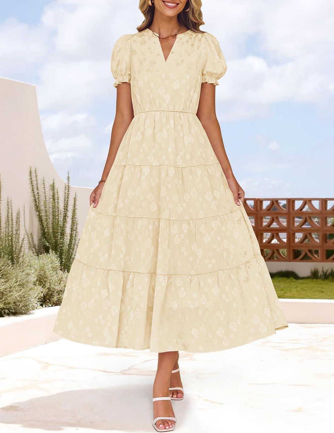 imageZESICA Womens 2026 Summer Puff Short Sleeve Midi Dress Floral V Neck Textured Ruffle Flowy Beach Party DressesApricot