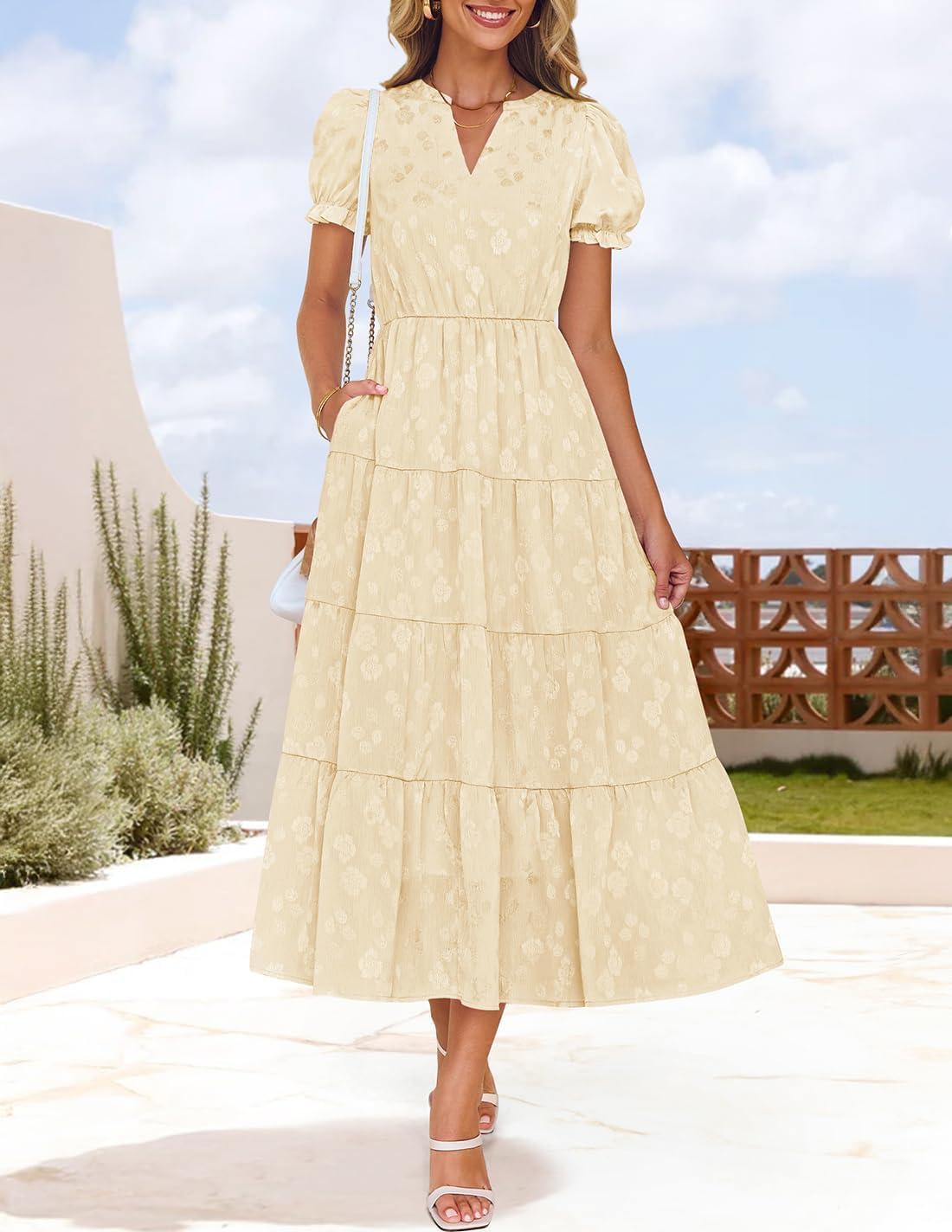 imageZESICA Womens 2026 Summer Puff Short Sleeve Midi Dress Floral V Neck Textured Ruffle Flowy Beach Party DressesApricot