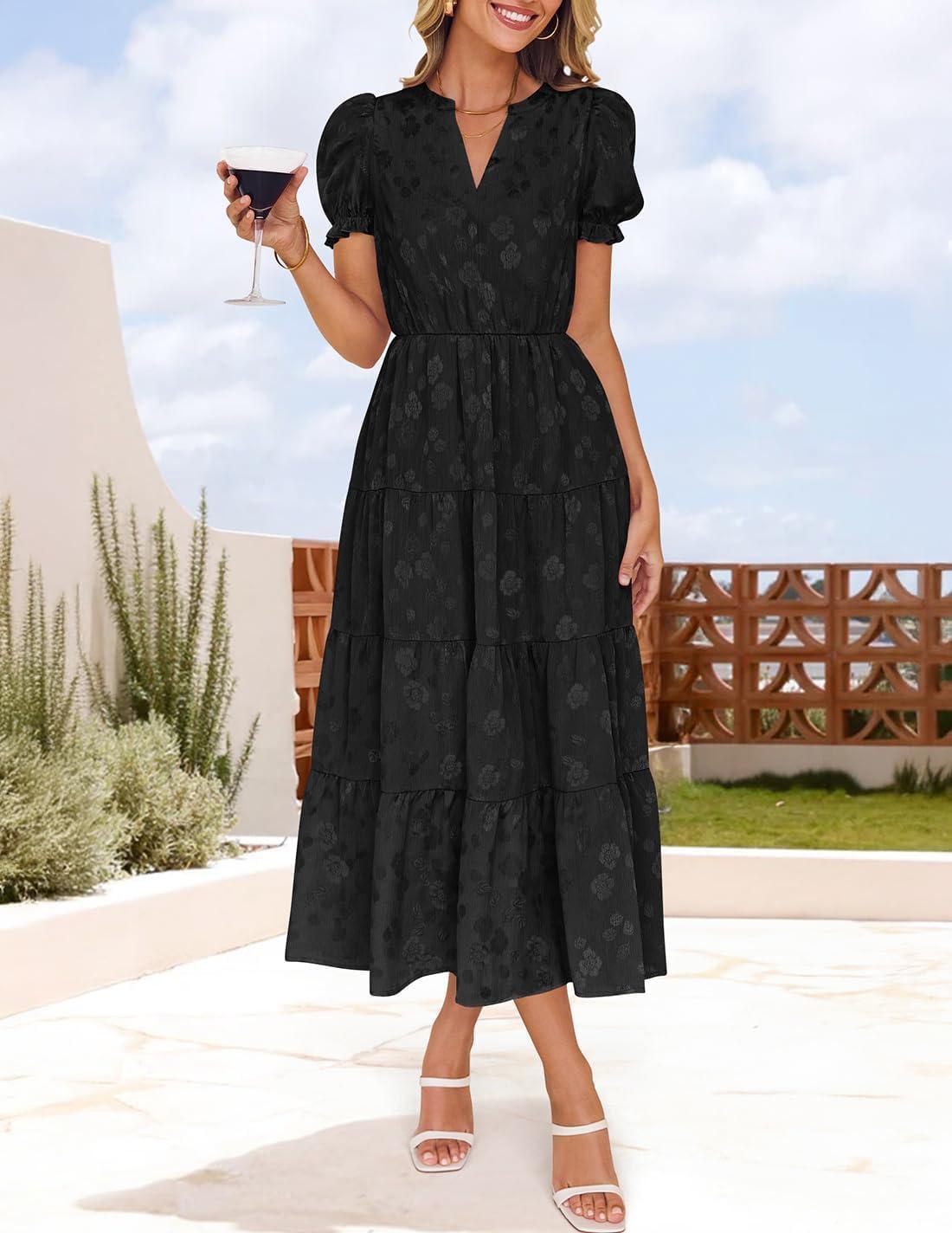 imageZESICA Womens 2026 Summer Puff Short Sleeve Midi Dress Floral V Neck Textured Ruffle Flowy Beach Party DressesBlack
