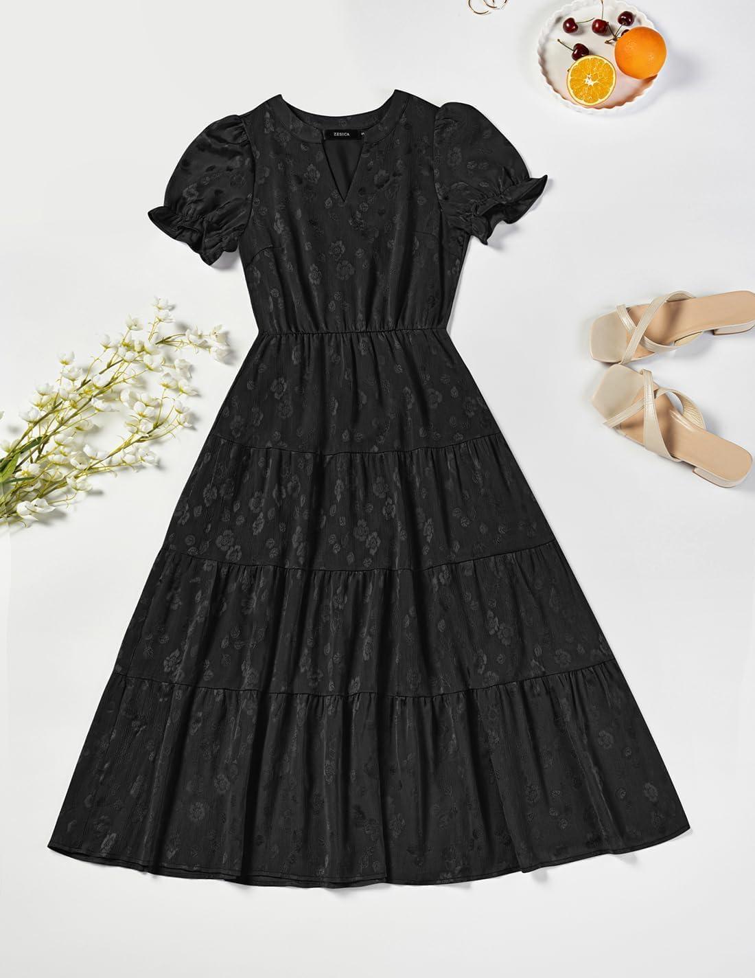 imageZESICA Womens 2026 Summer Puff Short Sleeve Midi Dress Floral V Neck Textured Ruffle Flowy Beach Party DressesBlack