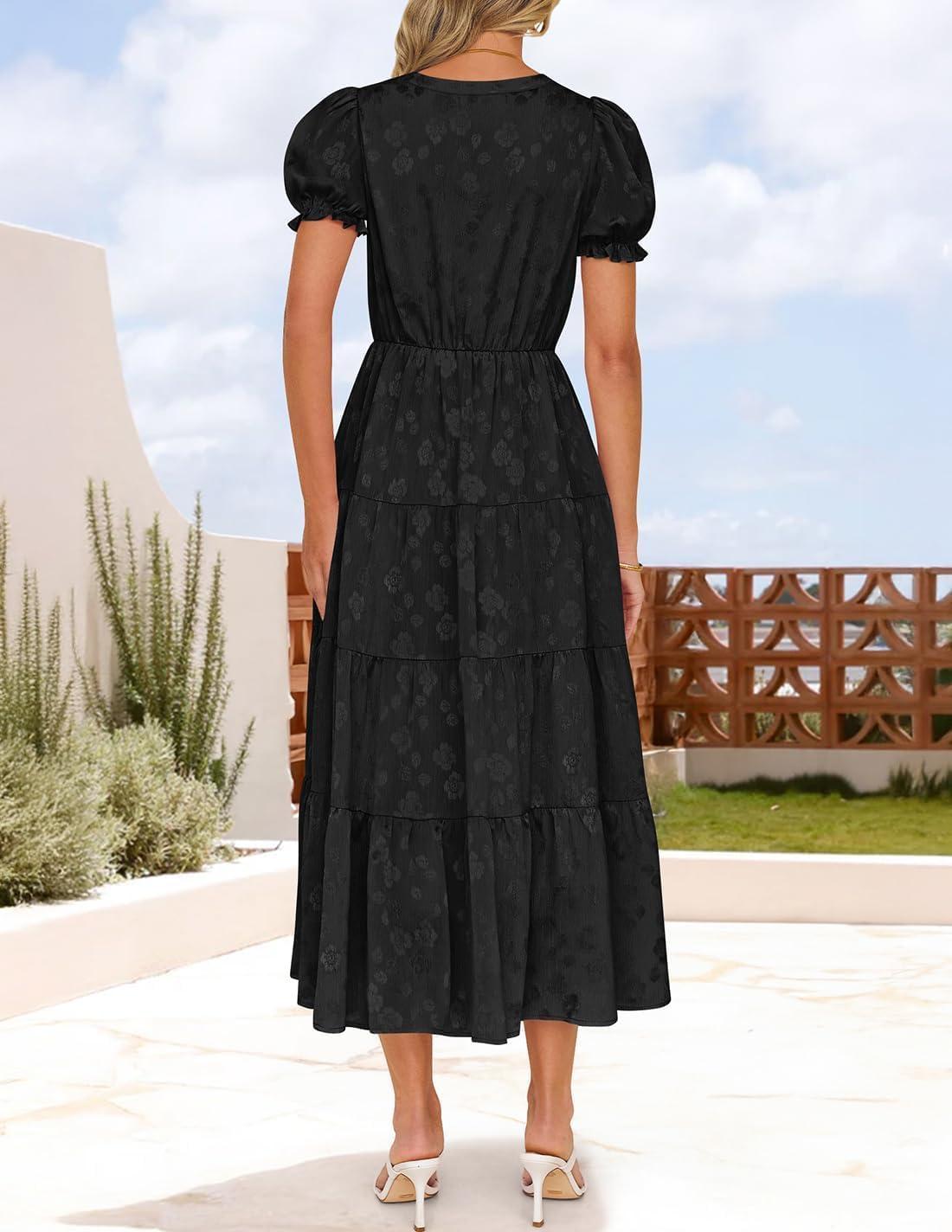 imageZESICA Womens 2026 Summer Puff Short Sleeve Midi Dress Floral V Neck Textured Ruffle Flowy Beach Party DressesBlack