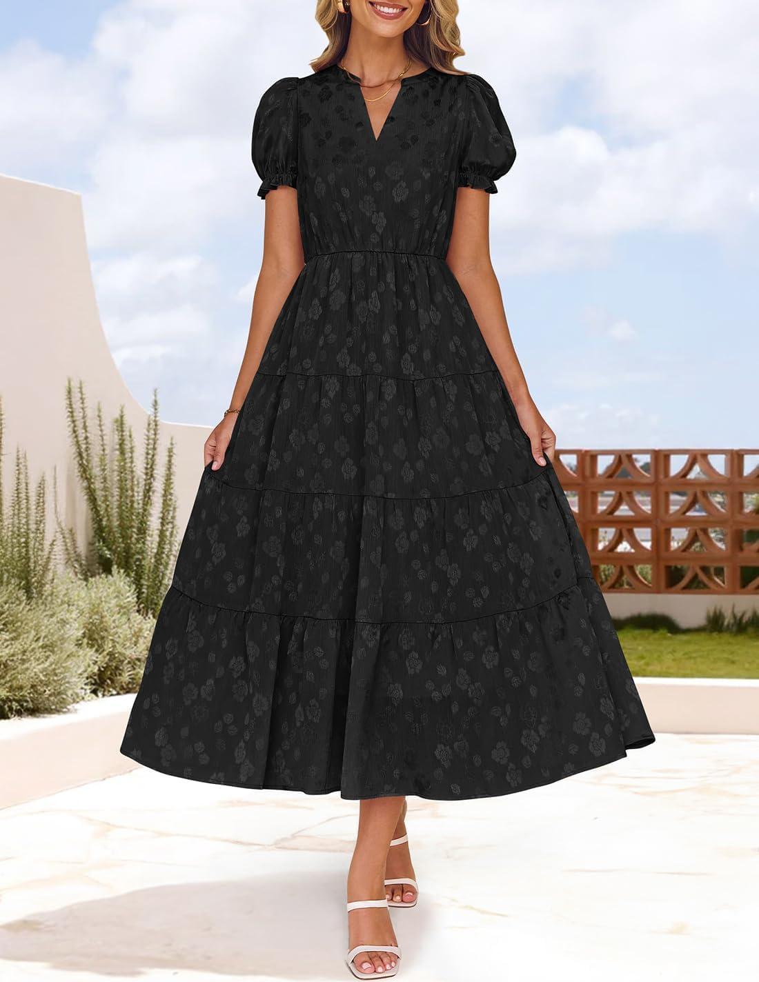 imageZESICA Womens 2026 Summer Puff Short Sleeve Midi Dress Floral V Neck Textured Ruffle Flowy Beach Party DressesBlack