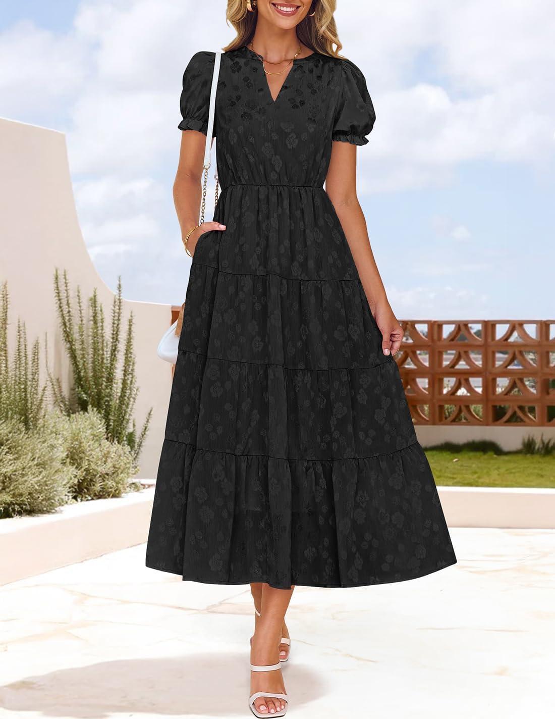 imageZESICA Womens 2026 Summer Puff Short Sleeve Midi Dress Floral V Neck Textured Ruffle Flowy Beach Party DressesBlack