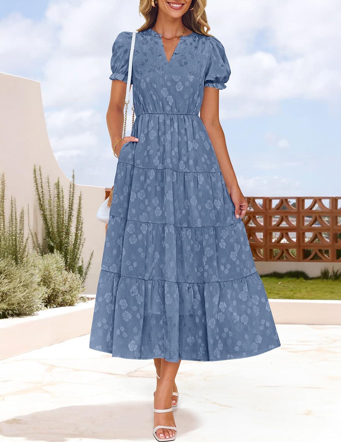imageZESICA Womens 2026 Summer Puff Short Sleeve Midi Dress Floral V Neck Textured Ruffle Flowy Beach Party DressesBlue