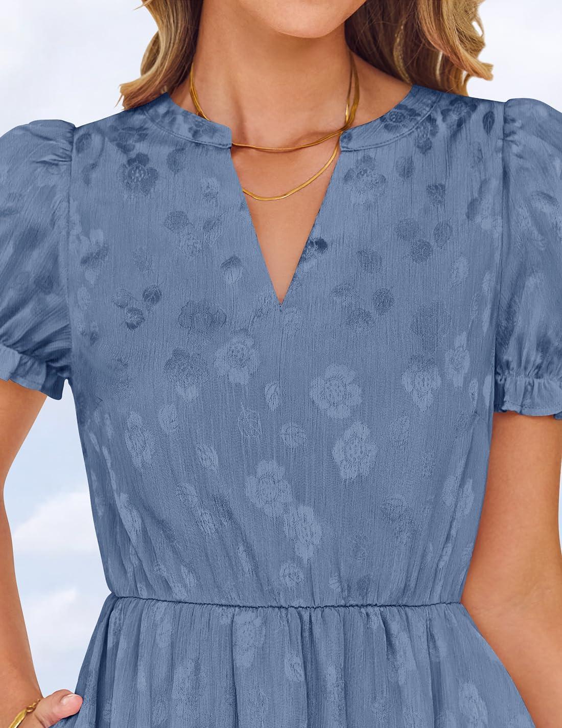 imageZESICA Womens 2026 Summer Puff Short Sleeve Midi Dress Floral V Neck Textured Ruffle Flowy Beach Party DressesBlue
