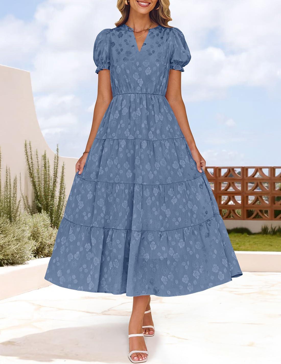 imageZESICA Womens 2026 Summer Puff Short Sleeve Midi Dress Floral V Neck Textured Ruffle Flowy Beach Party DressesBlue