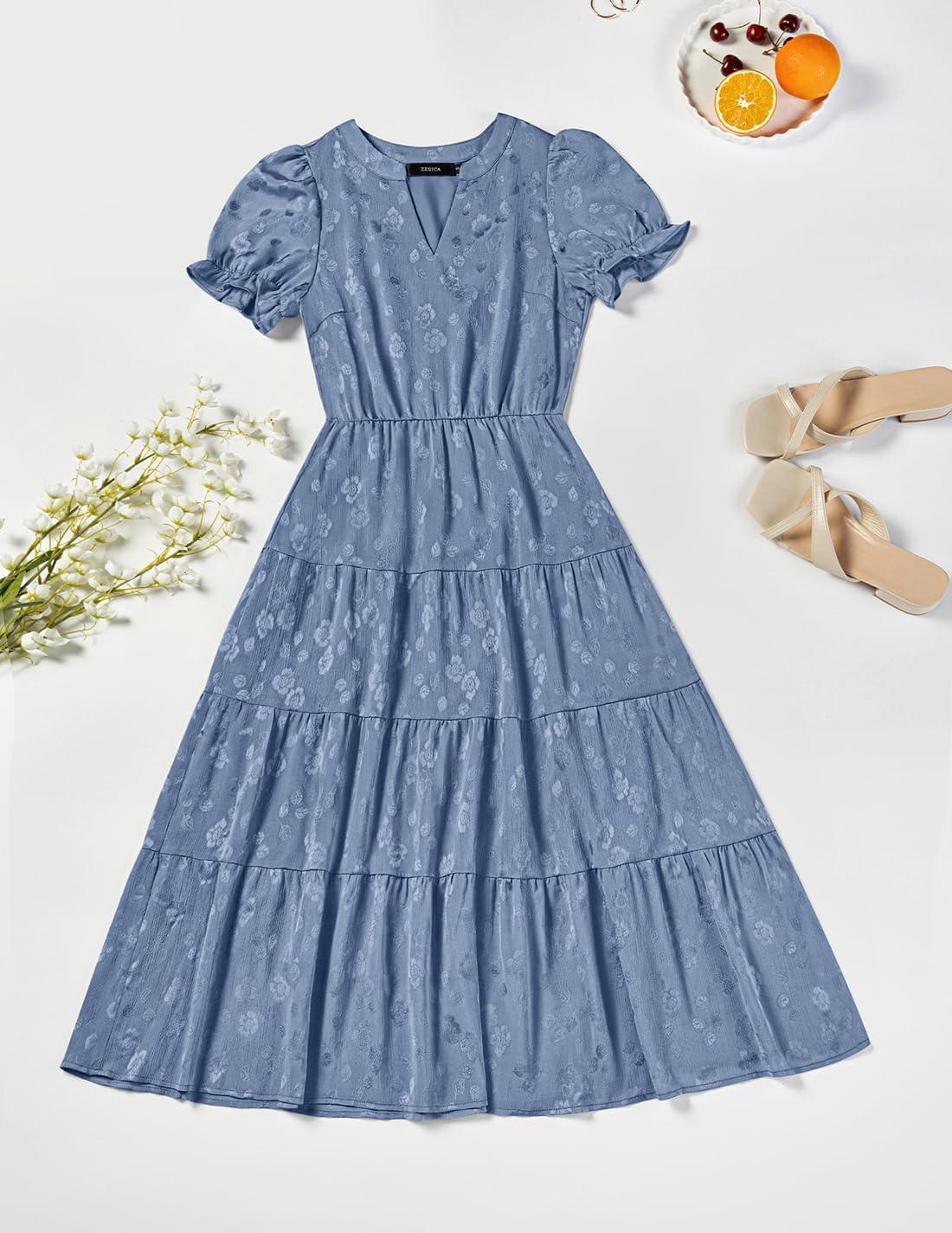 imageZESICA Womens 2026 Summer Puff Short Sleeve Midi Dress Floral V Neck Textured Ruffle Flowy Beach Party DressesBlue