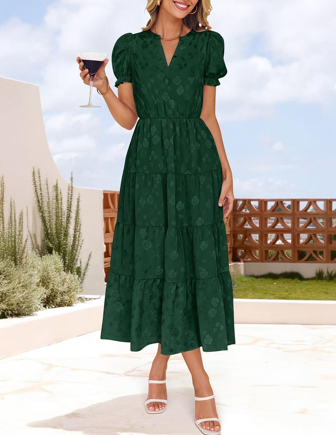 imageZESICA Womens 2026 Summer Puff Short Sleeve Midi Dress Floral V Neck Textured Ruffle Flowy Beach Party DressesGreen
