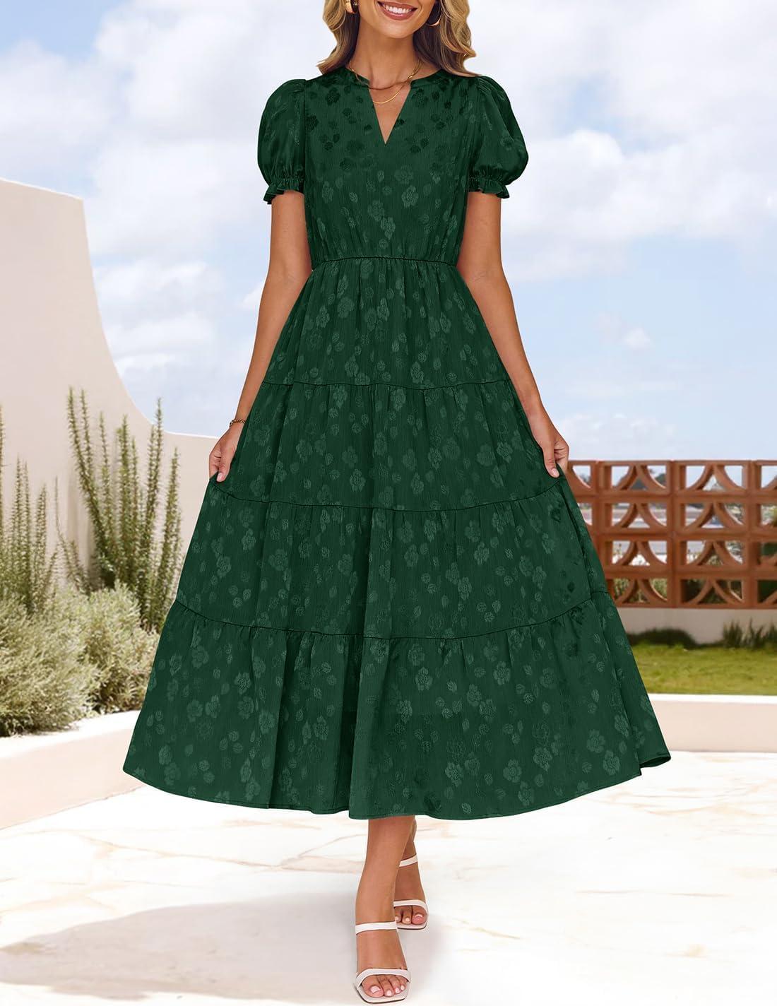 imageZESICA Womens 2026 Summer Puff Short Sleeve Midi Dress Floral V Neck Textured Ruffle Flowy Beach Party DressesGreen