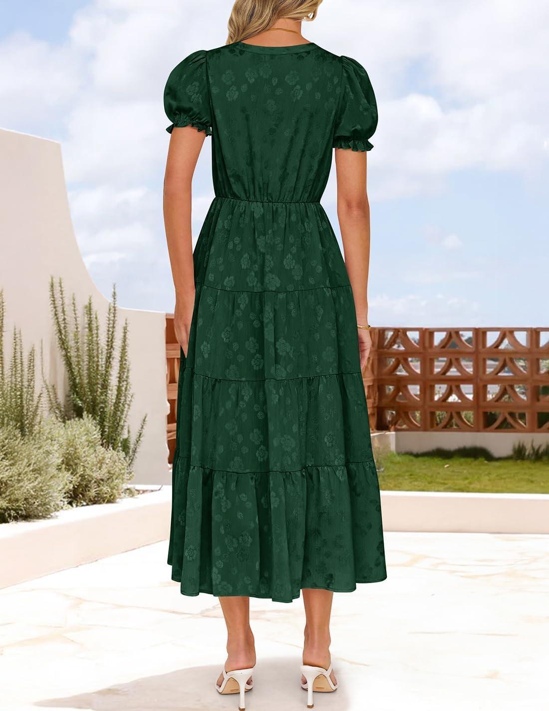 imageZESICA Womens 2026 Summer Puff Short Sleeve Midi Dress Floral V Neck Textured Ruffle Flowy Beach Party DressesGreen