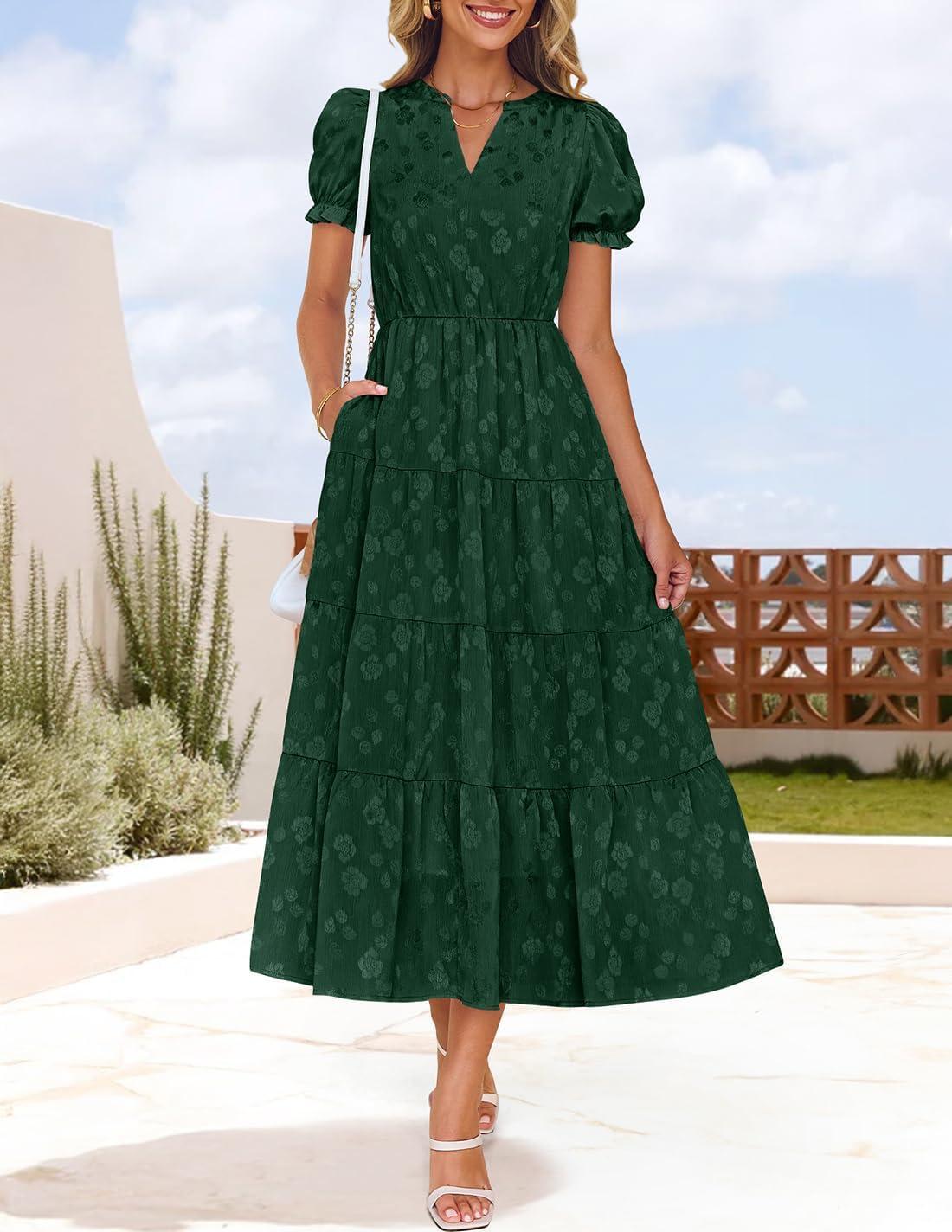 imageZESICA Womens 2026 Summer Puff Short Sleeve Midi Dress Floral V Neck Textured Ruffle Flowy Beach Party DressesGreen