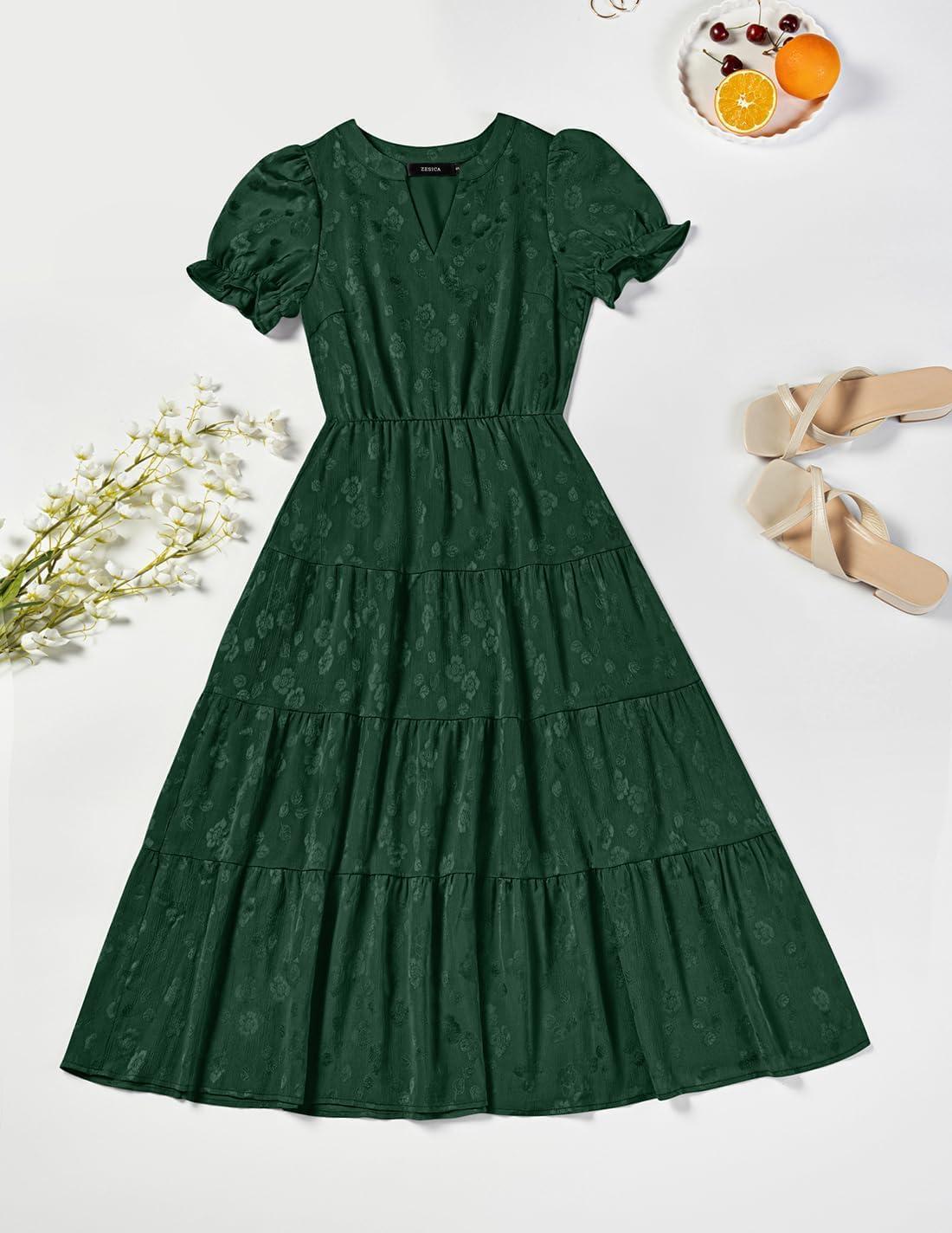 imageZESICA Womens 2026 Summer Puff Short Sleeve Midi Dress Floral V Neck Textured Ruffle Flowy Beach Party DressesGreen