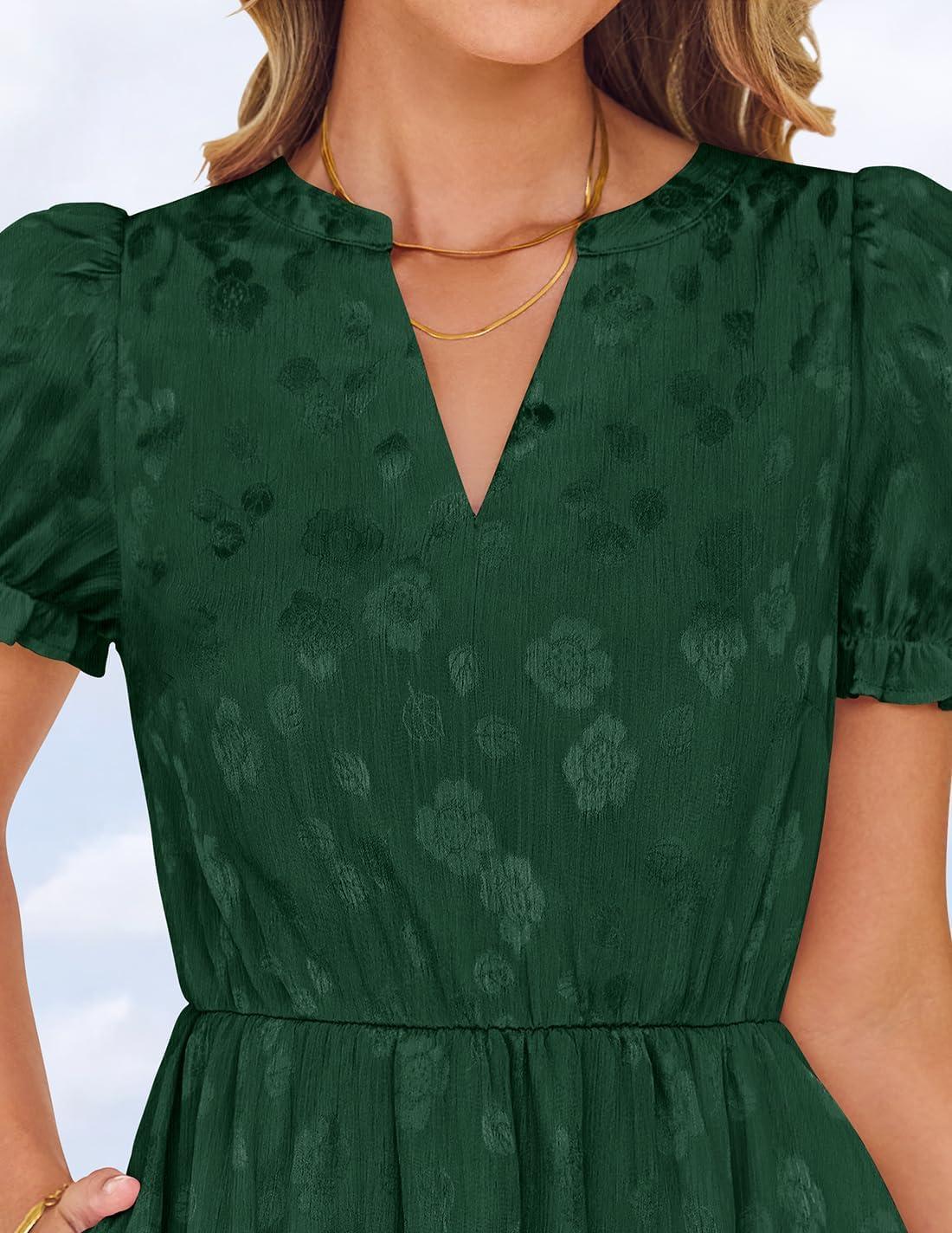 imageZESICA Womens 2026 Summer Puff Short Sleeve Midi Dress Floral V Neck Textured Ruffle Flowy Beach Party DressesGreen