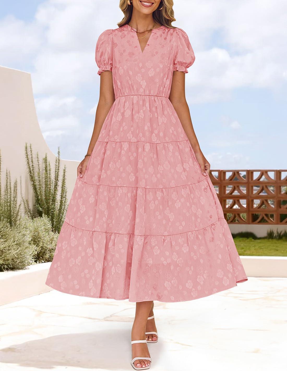 imageZESICA Womens 2026 Summer Puff Short Sleeve Midi Dress Floral V Neck Textured Ruffle Flowy Beach Party DressesPink